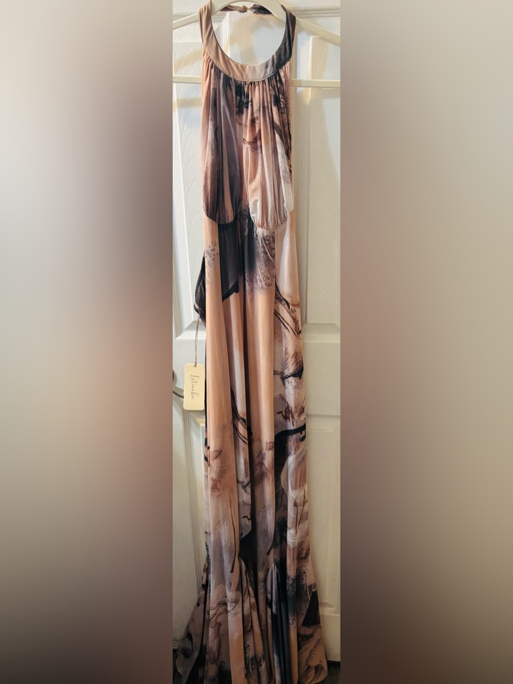 Anthropologie Halter Maxi Dress in Blush and Gray Abstract Print - Picture 4 of 8